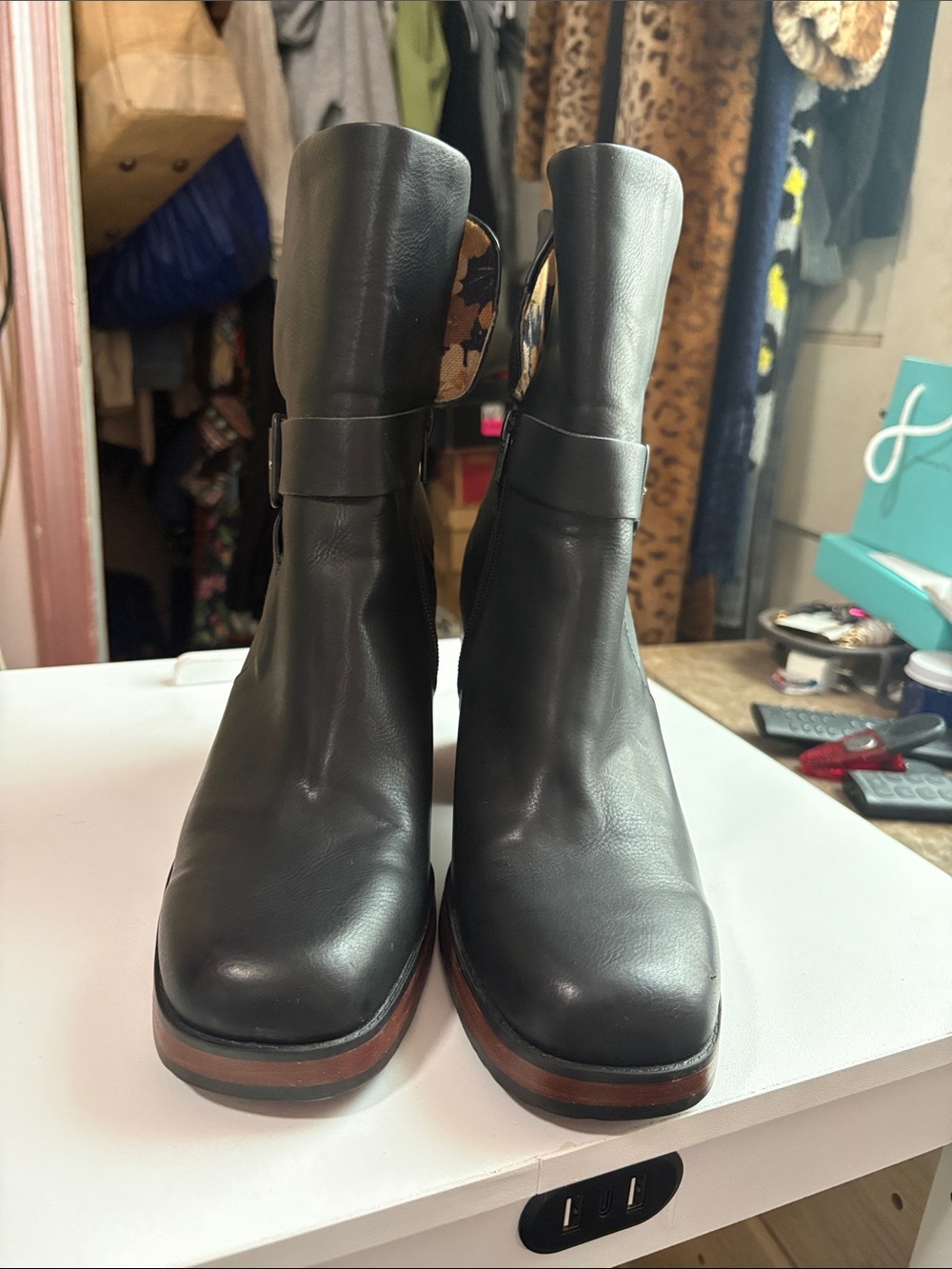 Kork-Ease Black Leather Ankle Boots with Brown Stacked Heel - Picture 8 of 8